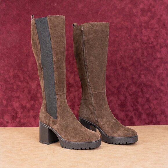 Steve Madden Wmn Deegan Brown Suede Platform Retro Fashion Knee Boots Sz 9.5 - Picture 1 of 10